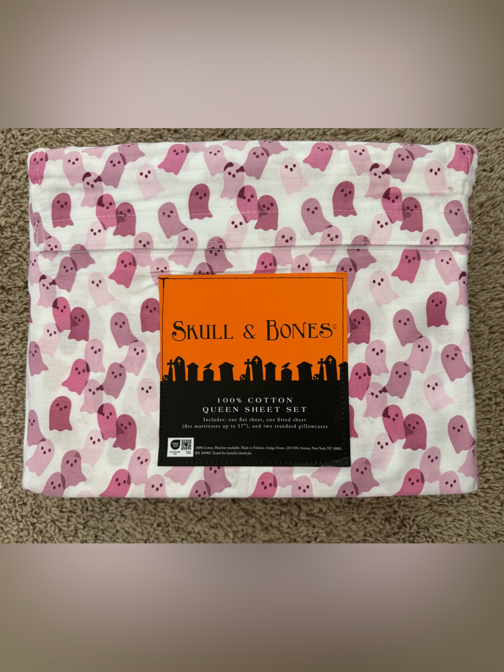 Skull & Bones Pink Ghost Print Queen Sheet Set